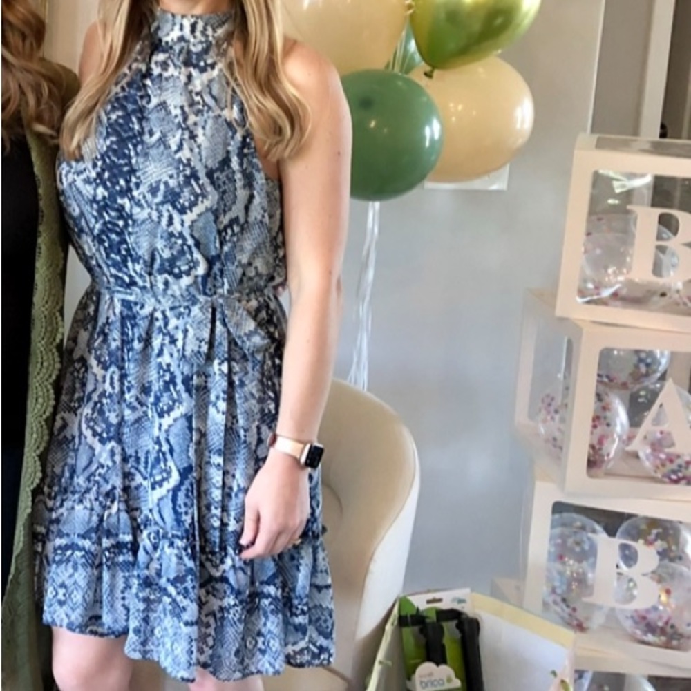 Blue Snake Print High Neckline Halter Dress